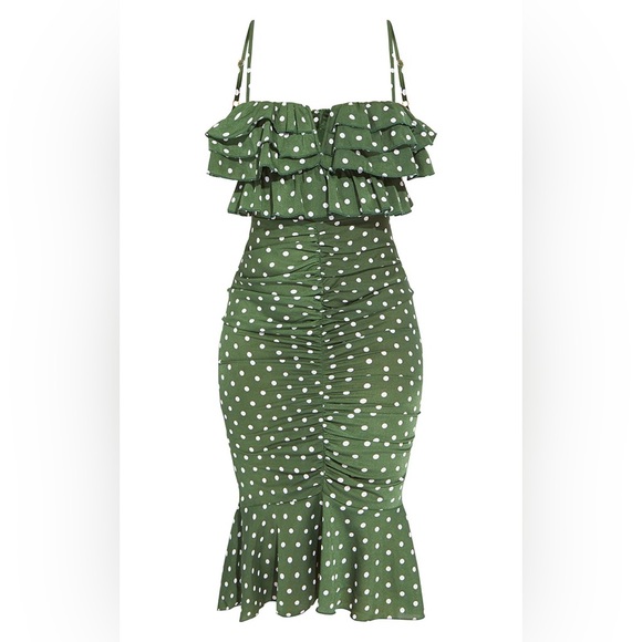PrettyLittleThing | Dresses | Prettylittlething Green Polka Dot Ruffle  Detail Gathered Front Midi Dress | Poshmark